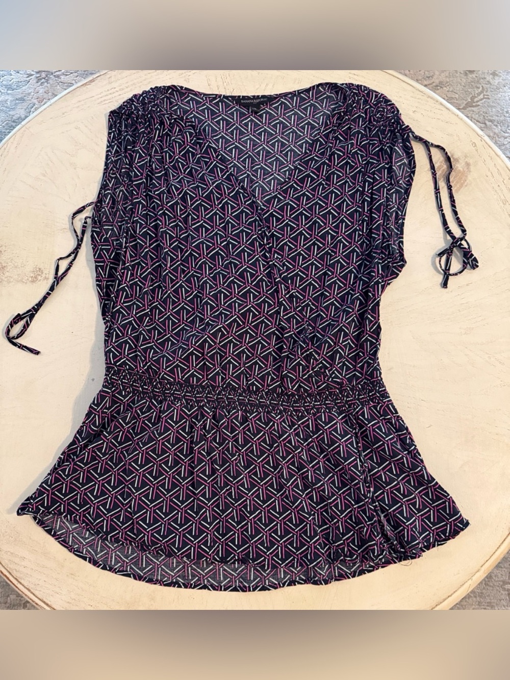 Banana Republic cap sleeve plunging neckline cinched waist faux wrap tunic sz M